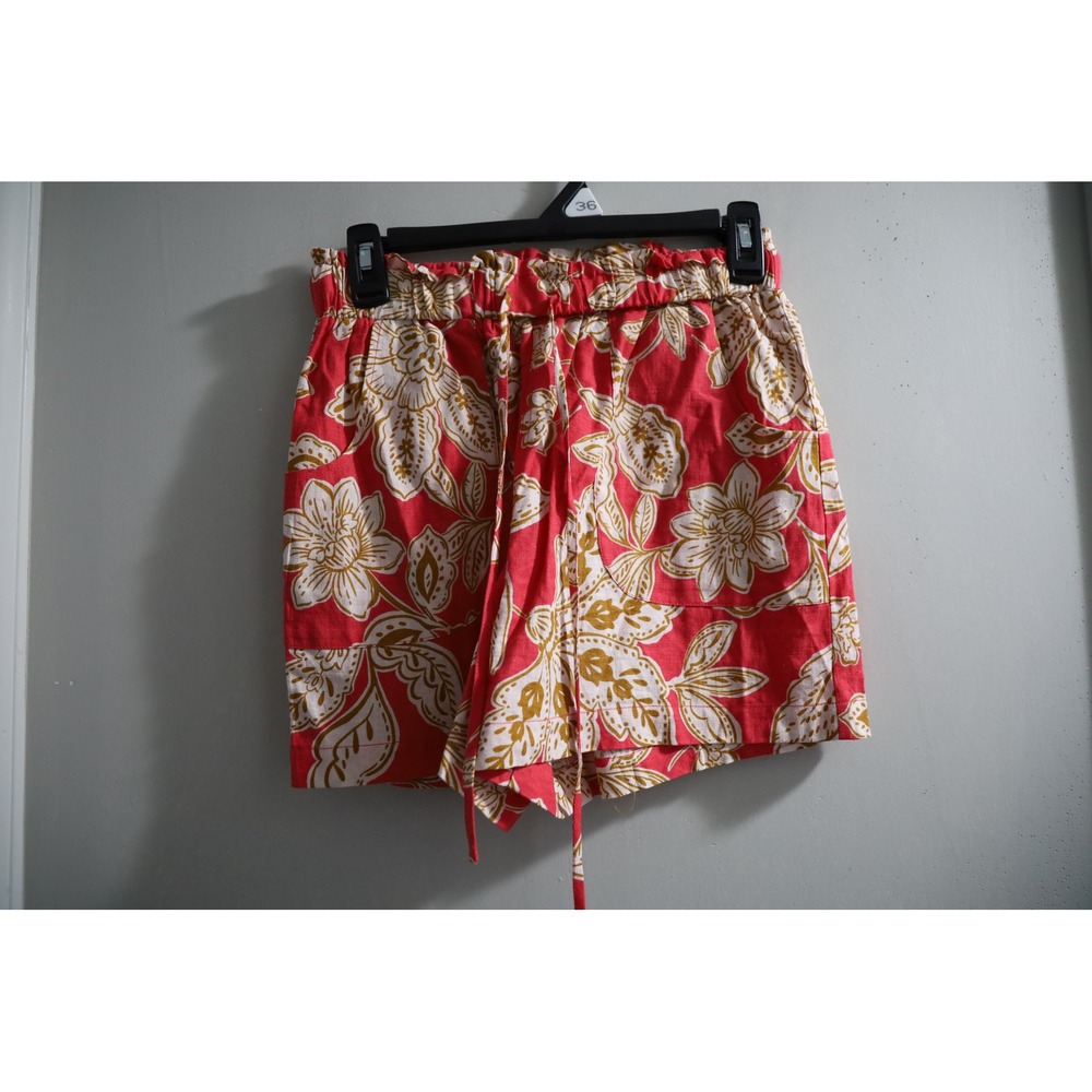 Every Floral Linen‎ Blend Paperbag Waist Shorts Coral Red Gold Small EV6050RLN